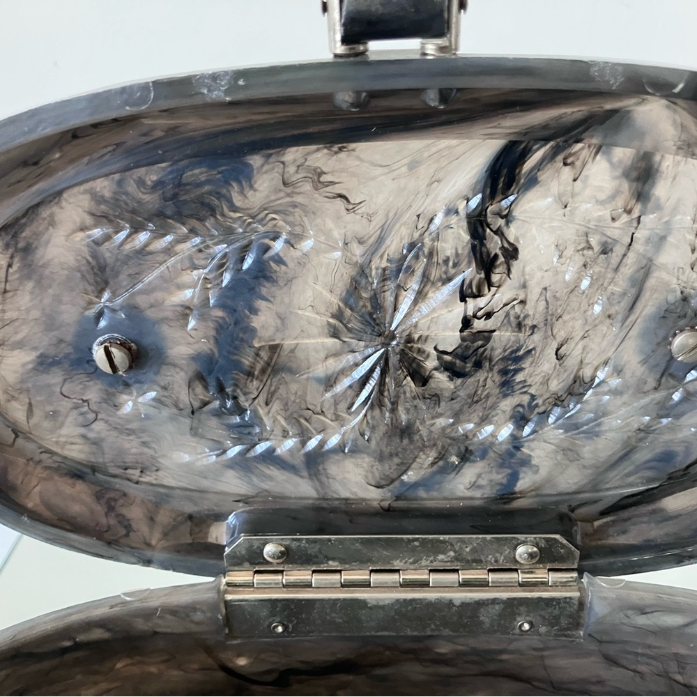 VTG 1950’s Grey Marbleized Lucite Box Bag Structurally Sound Rhinestone Detail - Picture 5 of 6